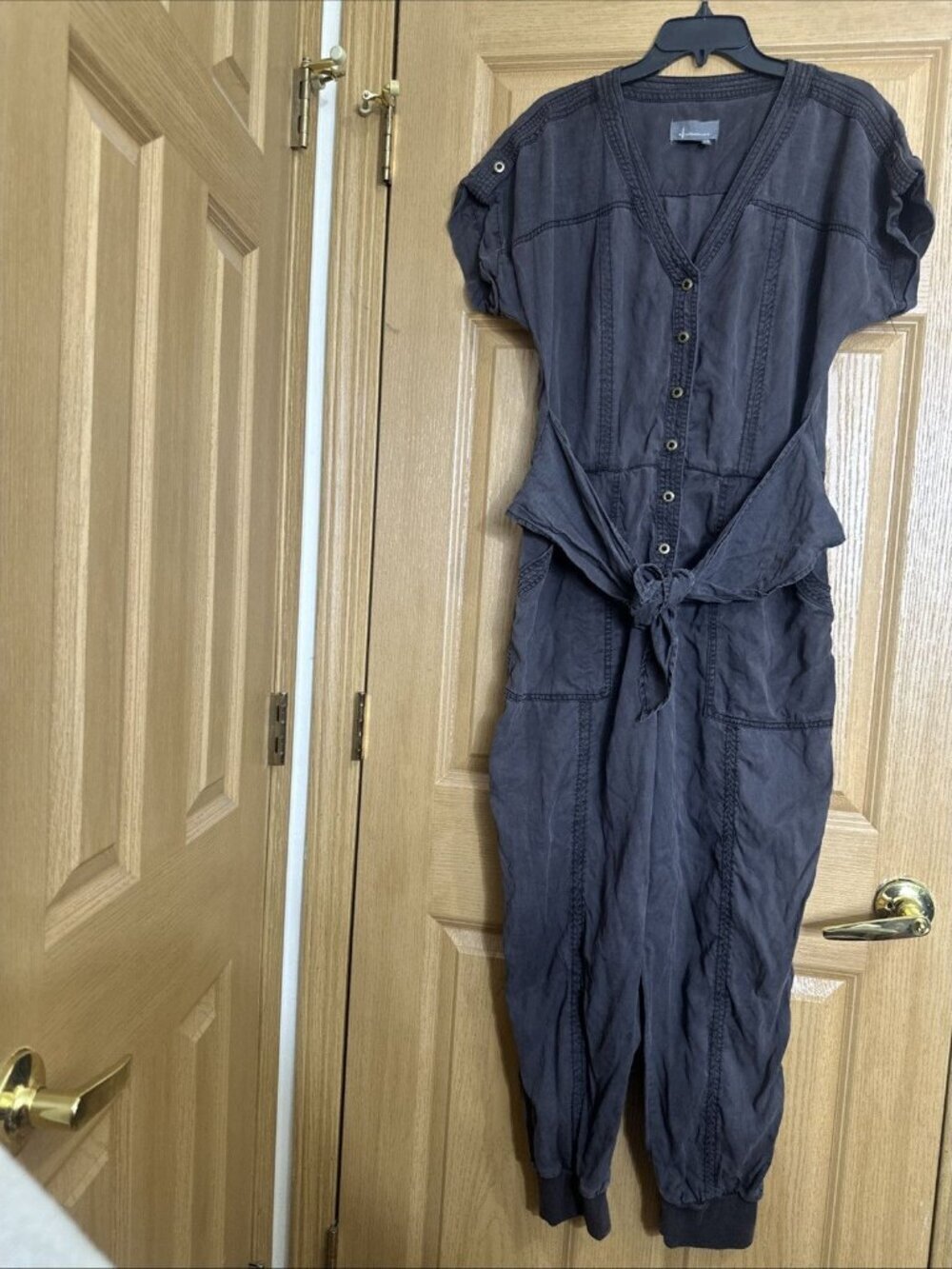 Anthropologie Womens Size 14 Gray Utility Jumpsuit Tie Waist Button Front